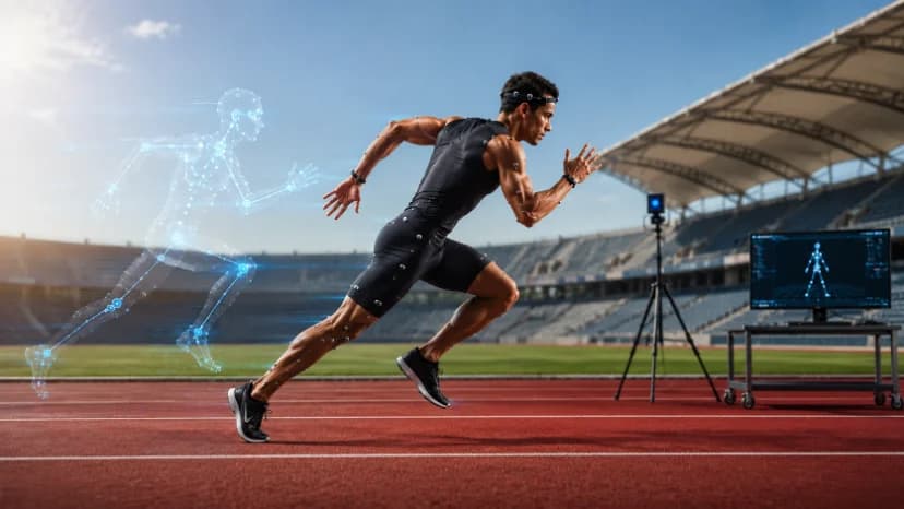 A sprinter driving out of the blocks on an outdoor track in a marker suit, beside a digital twin of the same pose.